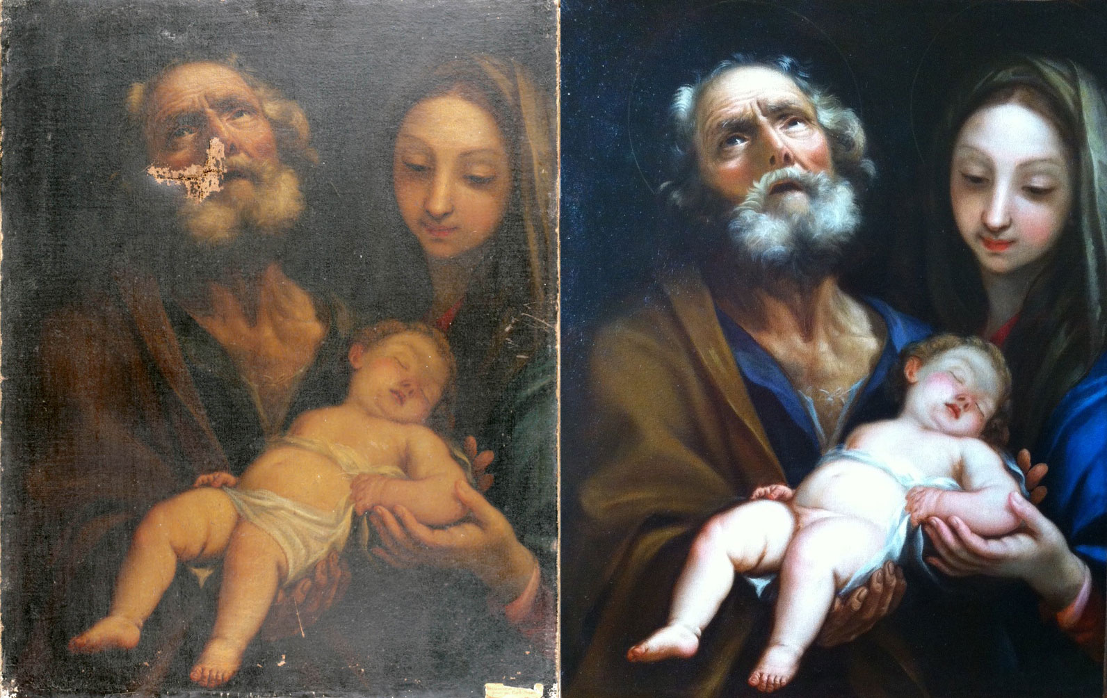 Le tableau "la sainte famille" avant et après restauration par Anne Sillinger de l'atelier Liencourt